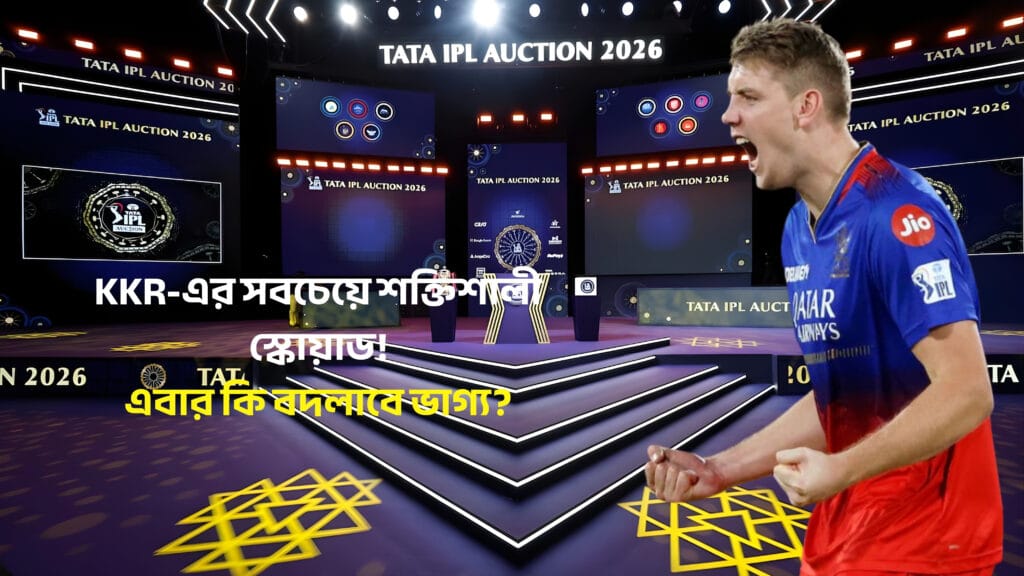TATA IPL Auction 2026 stage with Kolkata Knight Riders theme and an overseas player celebrating, representing KKR squad strength and auction excitement