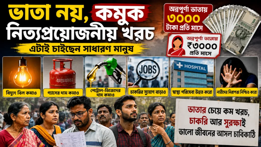 Bengali news feature image highlighting public opinion in West Bengal on welfare allowances versus reducing electricity bills, LPG gas prices, petrol-diesel costs, jobs, healthcare services, and women’s safety.