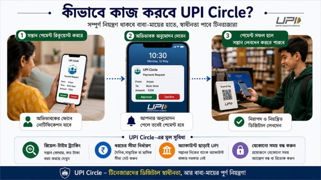 UPI Circle-এর পেমেন্ট প্রক্রিয়া যেখানে সন্তান পেমেন্ট রিকোয়েস্ট পাঠায় এবং অভিভাবক অনুমোদন দেন