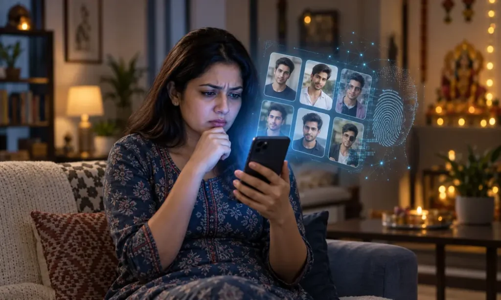 Woman examining AI-generated fake companion profiles on a smartphone