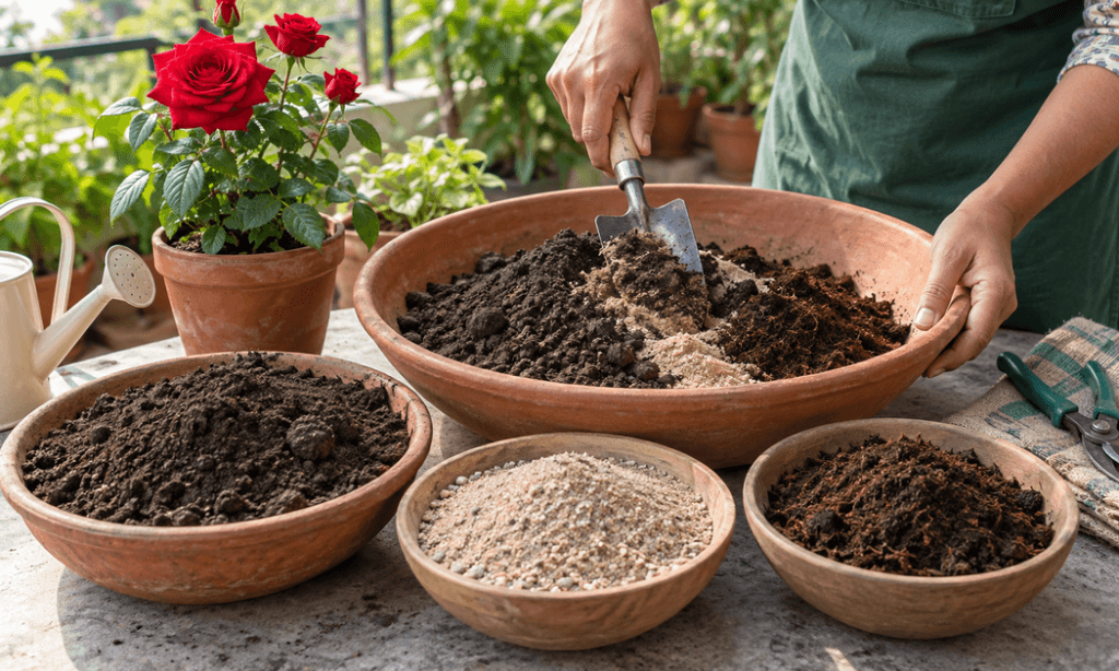 Correct watering and drainage care for a potted rose plant