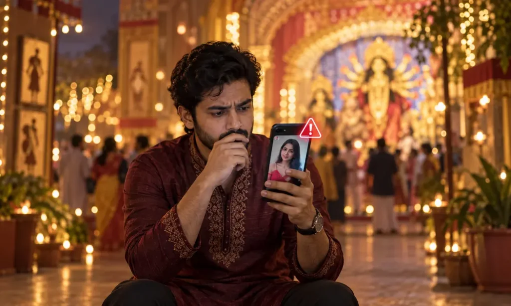 Man checking a fake companion profile during Puja amid cyber scam warning