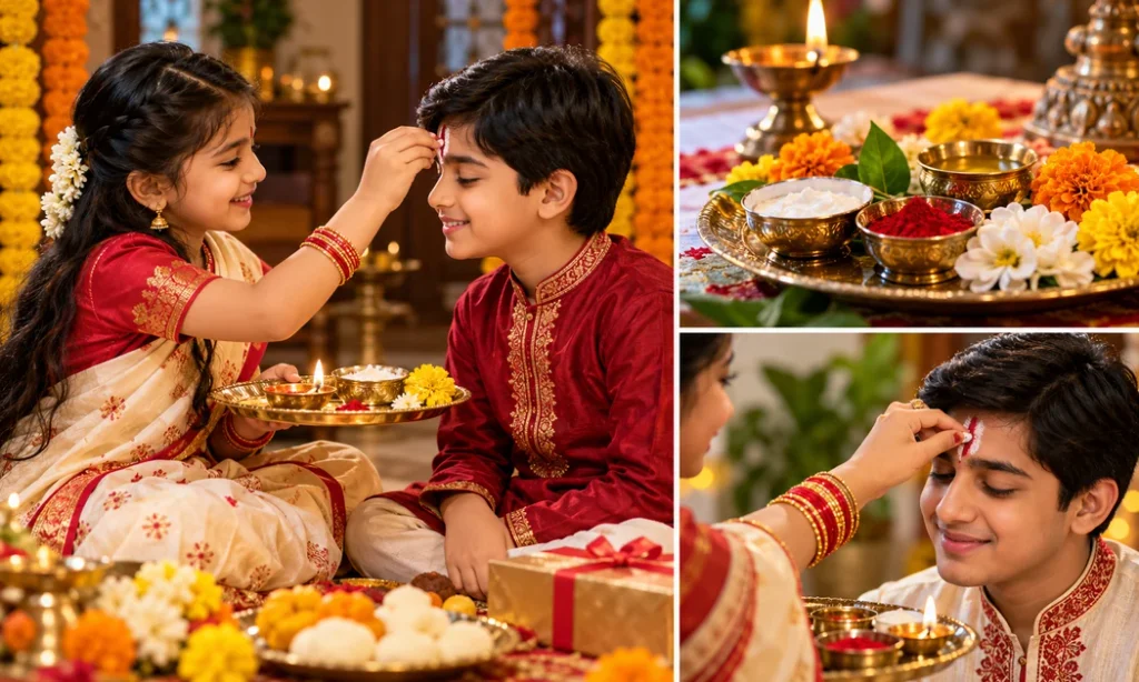 Bengali siblings celebrating Bhai Phonta with a decorated ritual plate and sweets