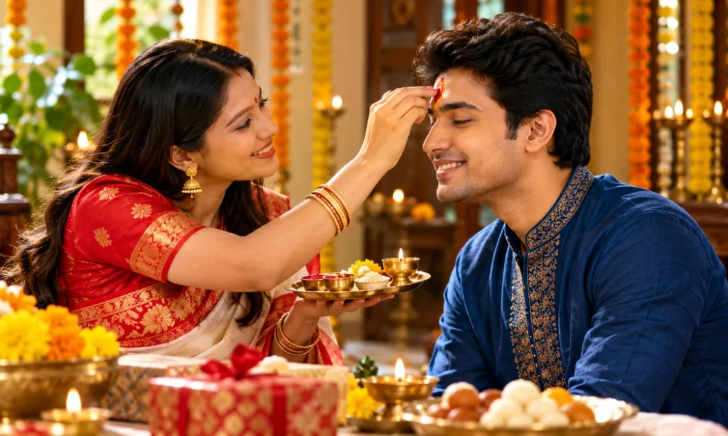 Sister performing Bhai Phonta tilak ceremony for her brother in traditional Bengali attire
