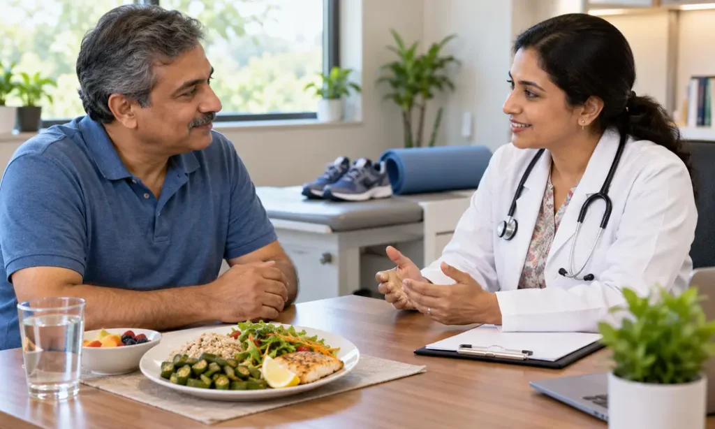 Doctor discussing cholesterol care with a patient beside a balanced meal containing okra