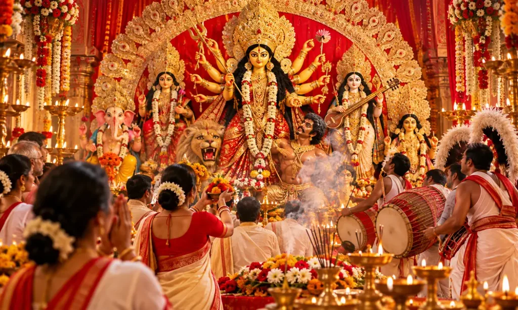 Devotees offering anjali before a traditional Durga idol during Durga Puja
