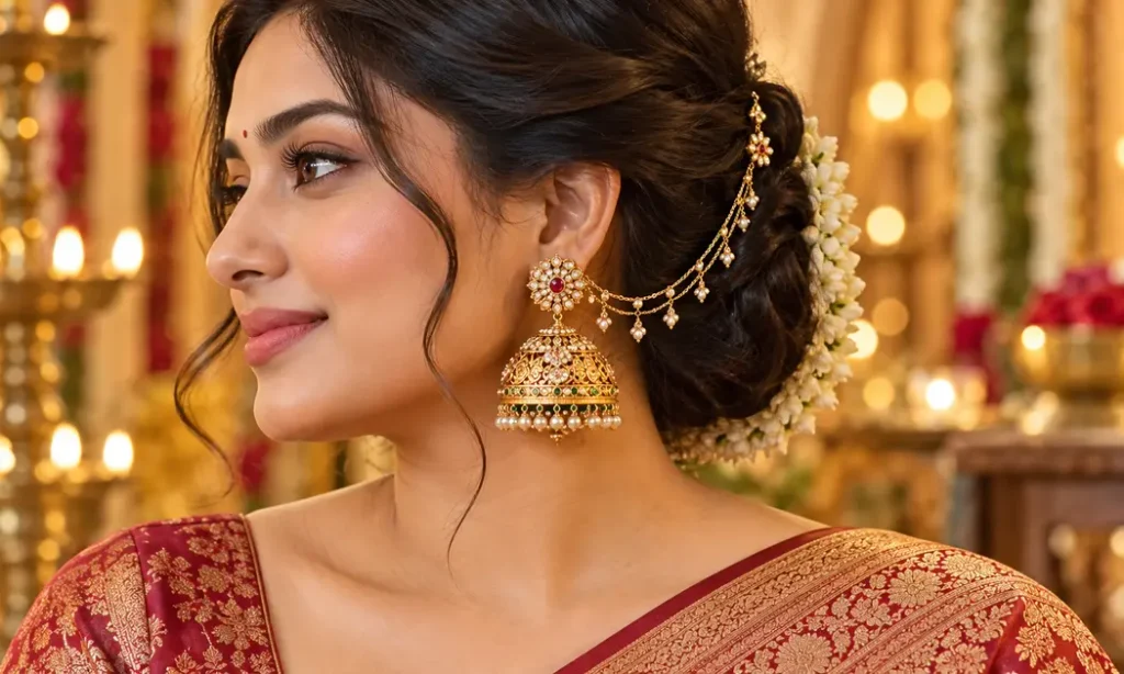 Woman wearing a large jhumka supported by a decorative chain attached to her hair