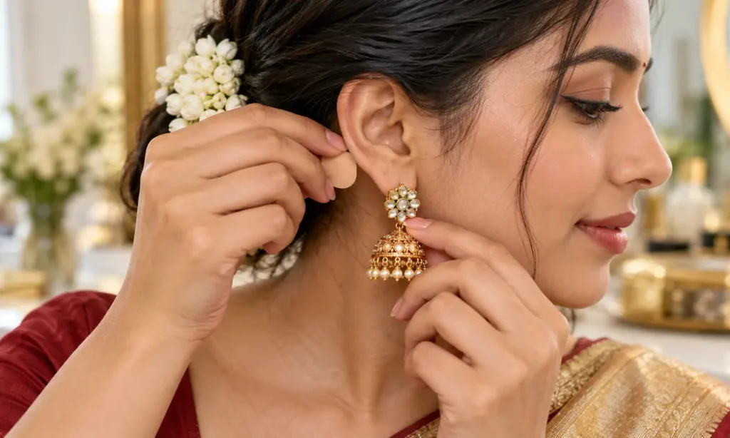 Woman placing a discreet support patch behind her earlobe before wearing a heavy earring