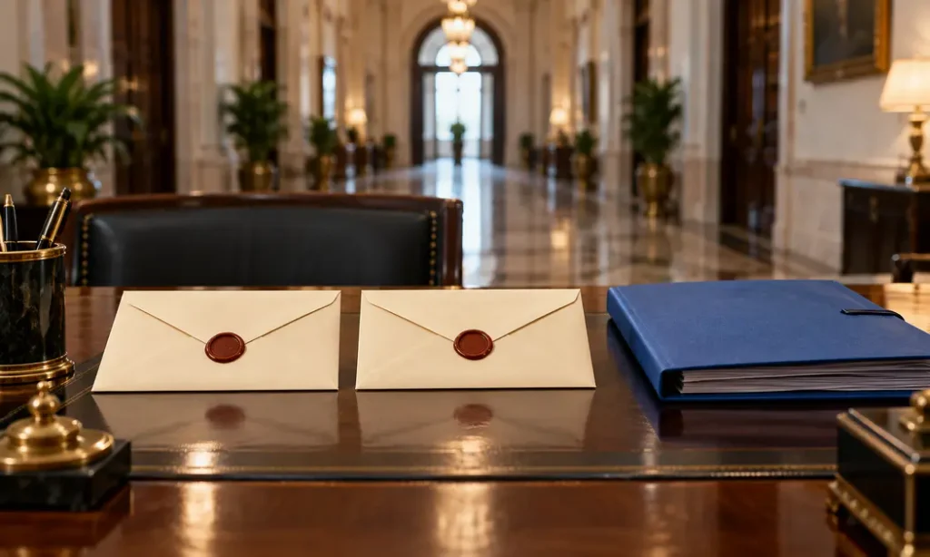 Two sealed official letters and a separate government file on an administrative desk