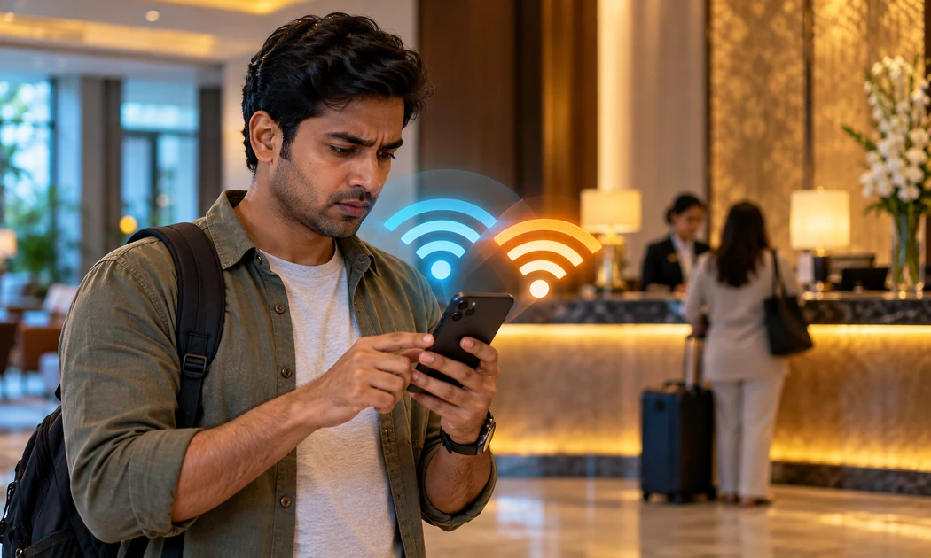 Traveler checking two similar public WiFi networks at a hotel