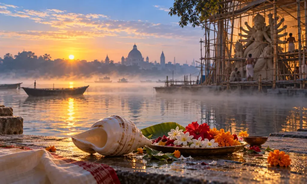 Sunrise over a misty riverbank with flowers and a conch shell for Mahalaya 2027