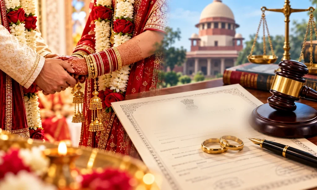 Traditional Indian wedding with legal marriage certificate and justice symbols.