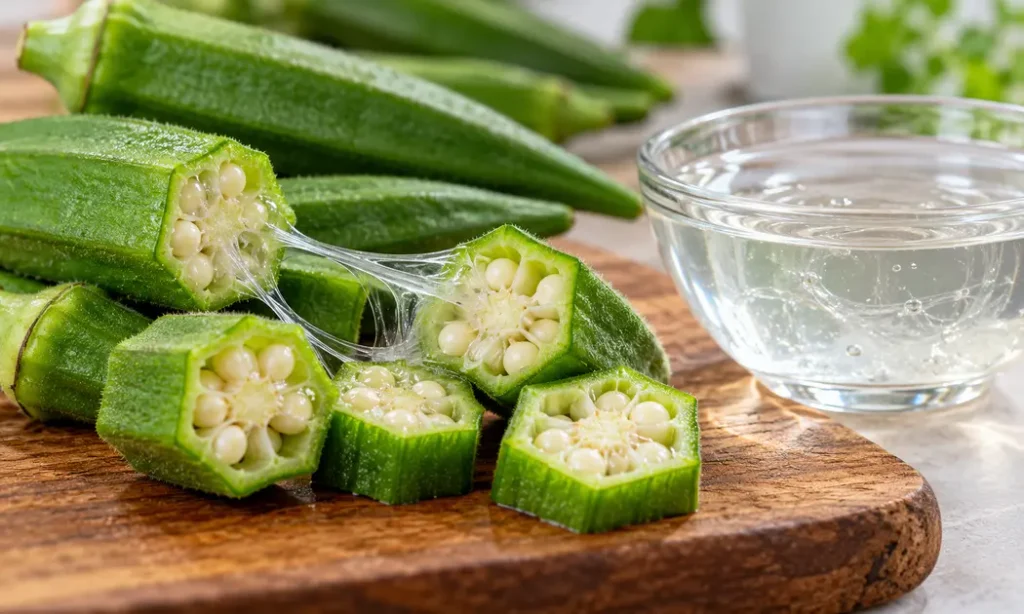 Close-up of sliced okra showing its natural mucilage beside a bowl of water
