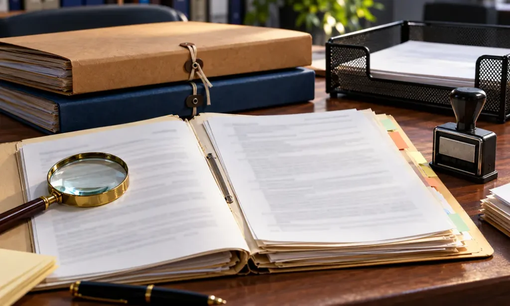 Open government files, blurred documents and a magnifying glass representing an RTI paper trail