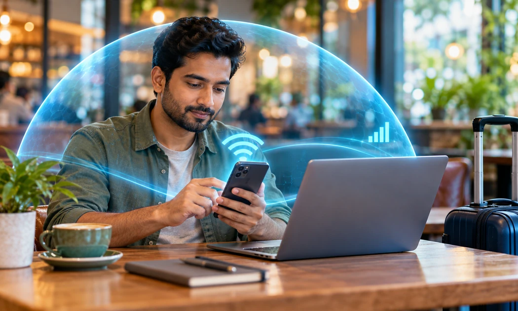 Traveler protecting a smartphone and laptop while using public WiFi