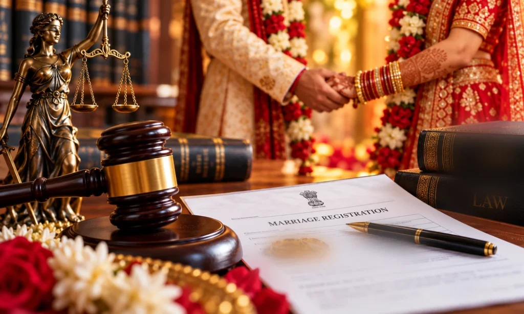Indian marriage legal rights concept with wedding rings, law books and justice symbols.